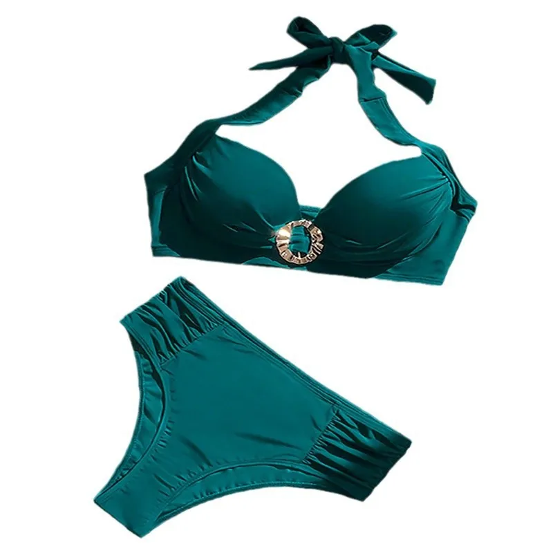 

2026 S - XL Metal Ring Halter Female Swimsuit High Waist Bikini Women Swimwear Two-pieces Bikini set Bather Bathing Suit Swim