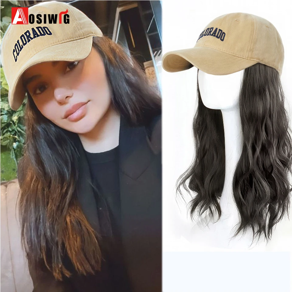 Peluca sintética ondulada larga para mujer, extensiones de cabello de béisbol con gorra blanca, sombrero, peluca de conexión negra Natural, ajustable