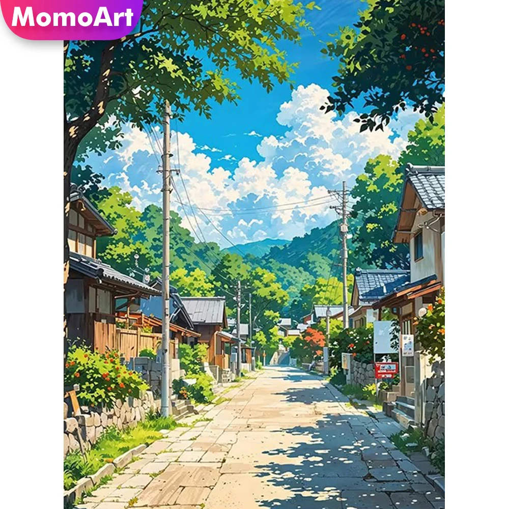 Momoart Diamant-Mosaik Straßenlandschaft Acryl-Bastelbedarf Diamantmalerei Haus DIY Stickerei Baum Heimdekoration