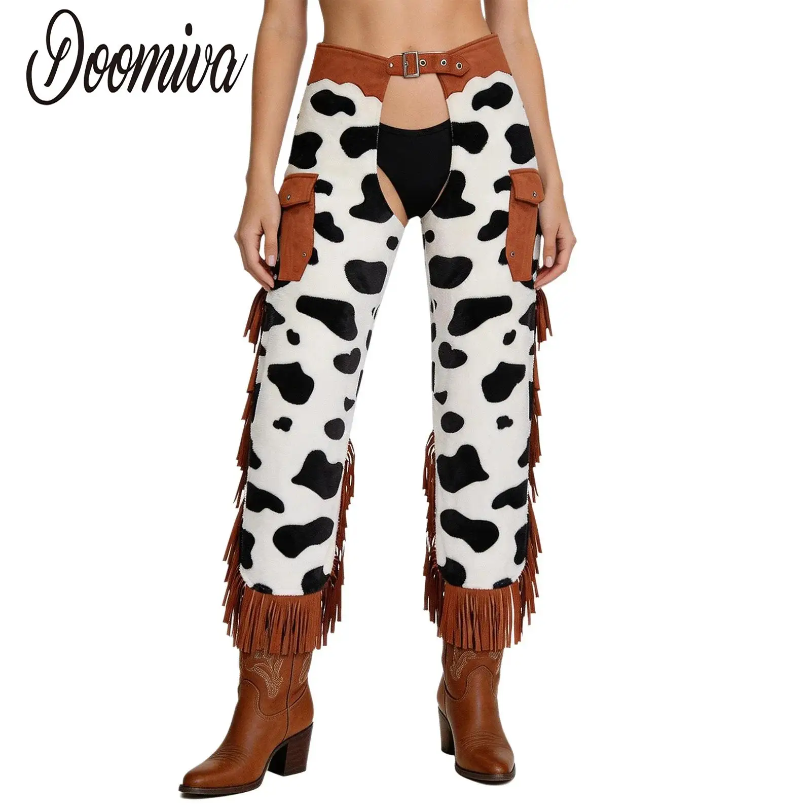 Women Western Cowboy Fringed Chaps Pants Clubwear Party Cow-spot Pattern Flannel Side Tassel Patchwork Adjustable Waist Trousers