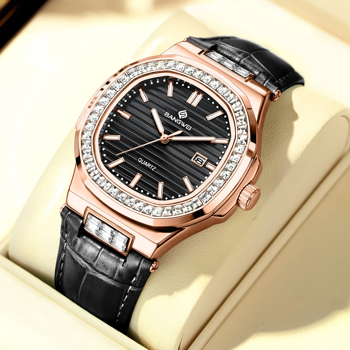 LIGE Original Diamond Dial Quartz Watch for Women Fashion Elegant Ladies Watches Leather Strap Waterproof Women Wristwatch gift