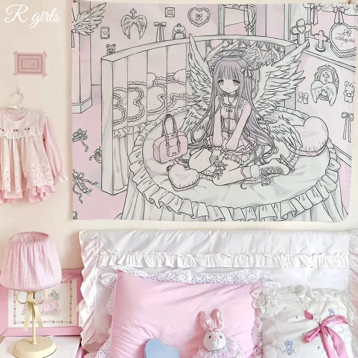 Kawaii Angel Girl Line Art Wall Tapestry - Cute Accessories Details, Dreamy Room Decor for Lolita Fashion & Moe Anime Fans