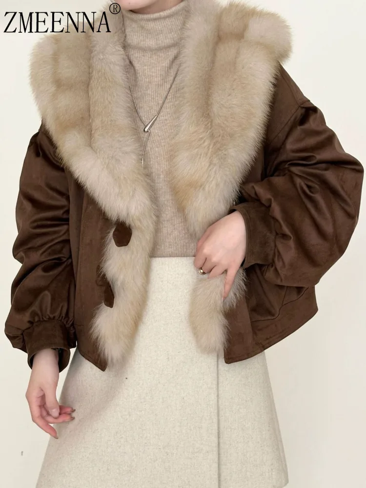 ZMEENNA 여성용 카키 코튼 봄버 재킷 모피 칼라 루즈 캐주얼 짧은 아웃웨어 퍼프 슬리브 겨울 코트 ZM4566