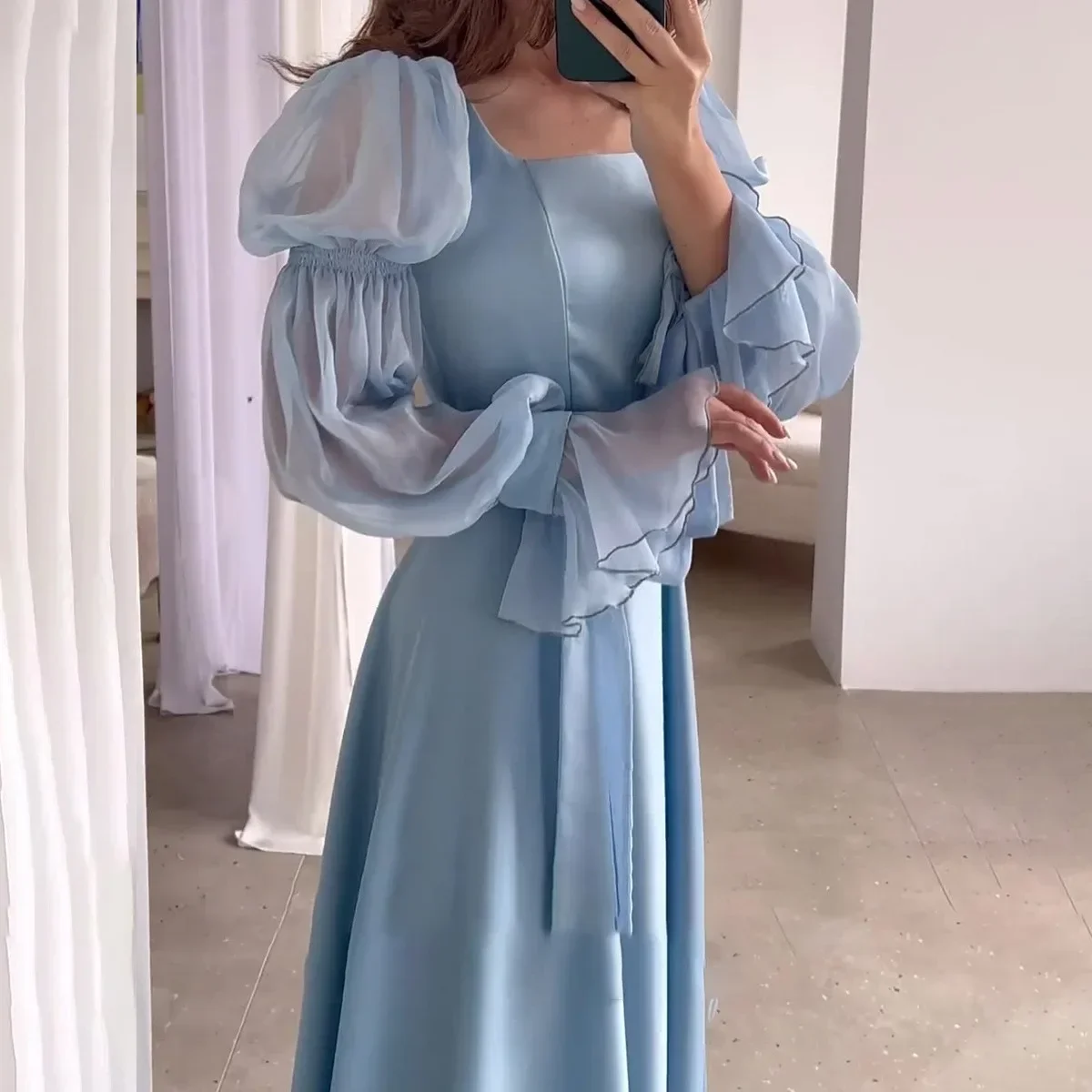 فستان سهرة نسائي شيفون ساتان فرنسي خرافي للغابات بياقة مربعة وحزام وأكمام مضيئة ملابس نسائية أنيقة للغاية ملابس خروج للسيدات