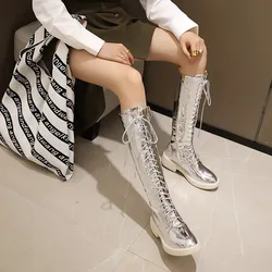 New Women's Long Boots Women Autumn Round Toe Flat Bottes Woman Knee High Low Heel Casual PU Leather Autunm Winter Female Shoes
