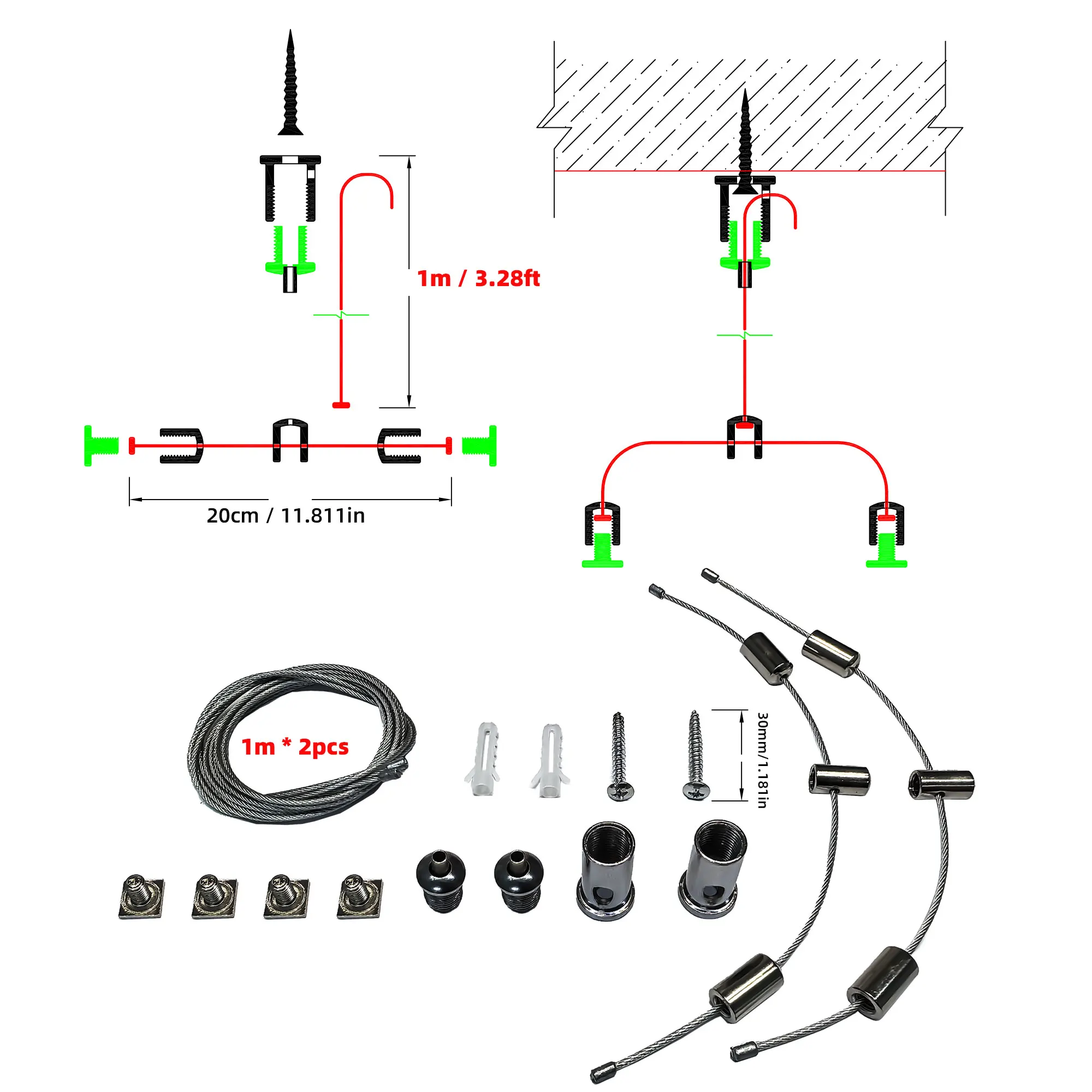 Linear Light Suspension Cable Single/Double Head 1m 1.5m 2m Ceiling Mounting Durable Steel Wire
