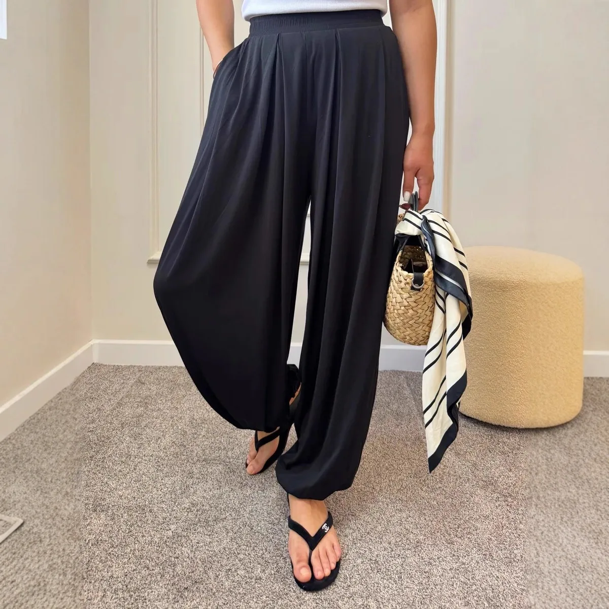 Fashion Womens High Waist Lantern Pants Casual Loose Fit Summer Trousers Soft Beach Holiday Bottoms Wide Leg Comfort Style