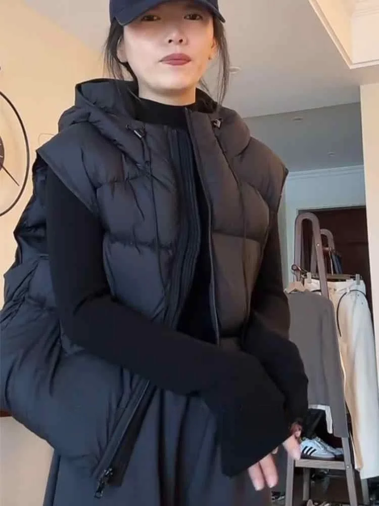 

Black down Cotton Vest Women's Style Short Puffy Jacket Lightweight Outerwear Commute Wind Autumn Winter Zipper Design Hat