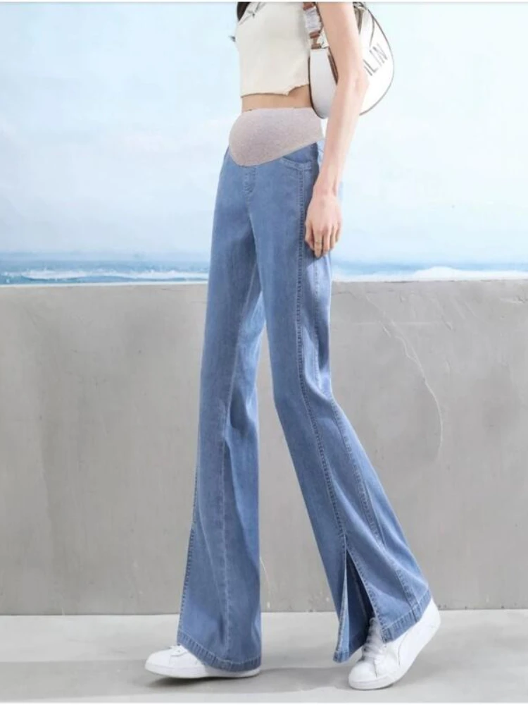 

2023 Pregnant Women Tall Waist Abdomen Trousers Drape Spring and Autumn Maternity Jeans Pregnancy Denim Flare Trousers Boot Cut