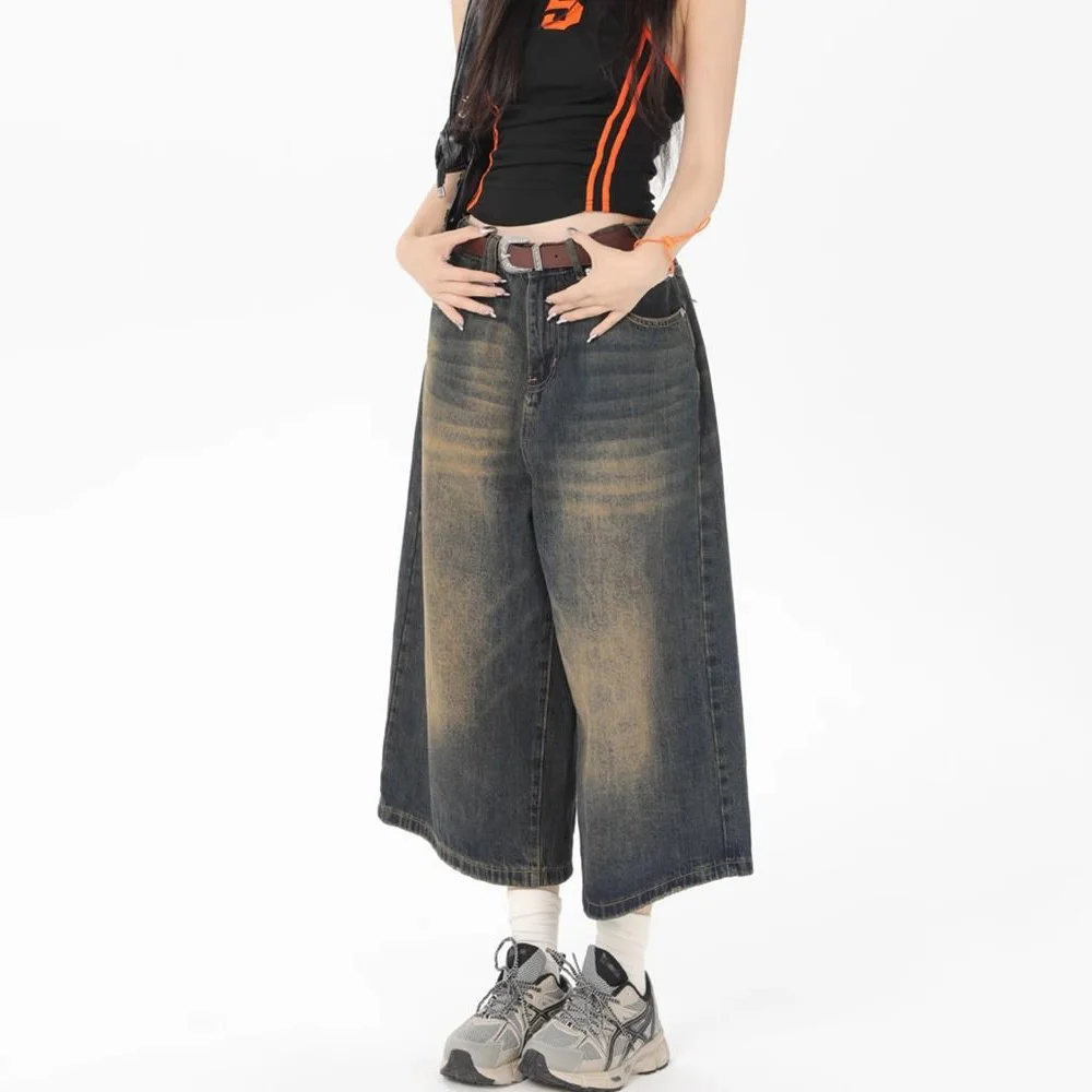 Jeans corti a gamba larga con tasca scozzese retrò americana per donna pantaloni larghi e casual dritti a vita alta dimagranti da uomo e da donna