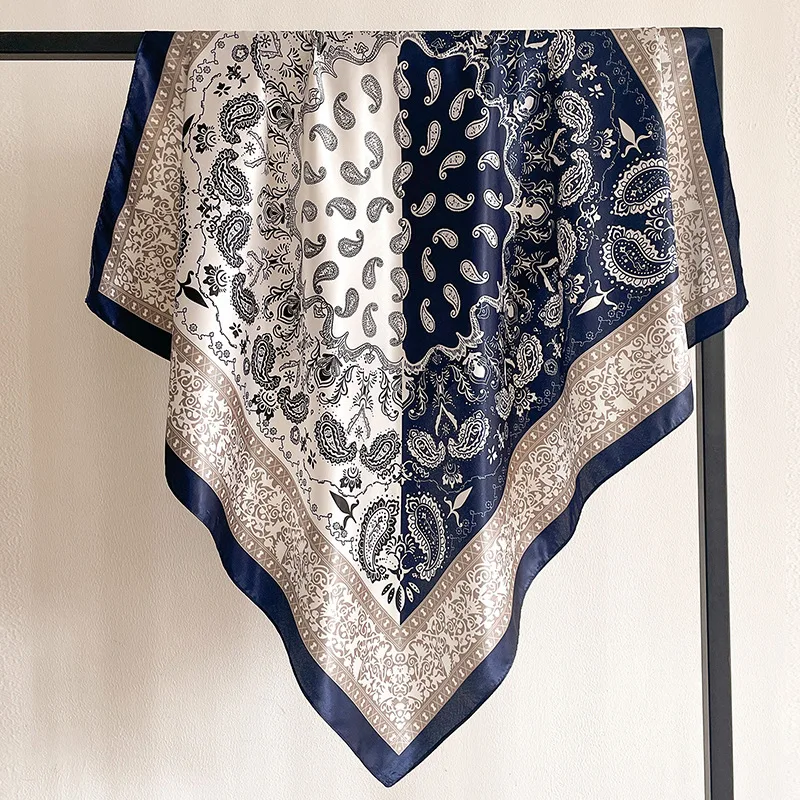 Dual Color Cashew Print Satin Scarf 90x90cm Vintage European Style Lightweight Shawl Head Wrap