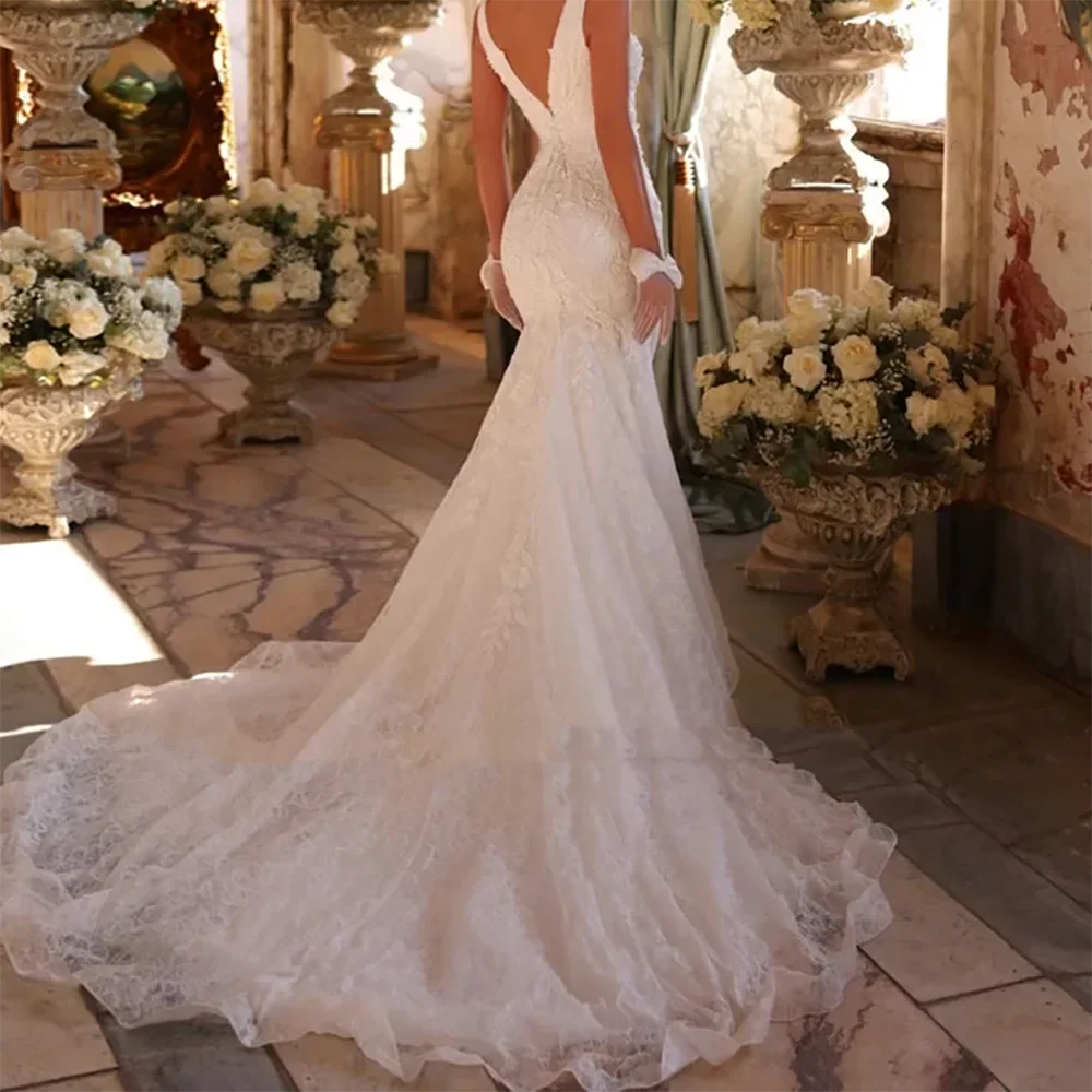Vestidos de novia clásicos con cuello en V, apliques sin mangas, sirena, vestidos de novia personalizados