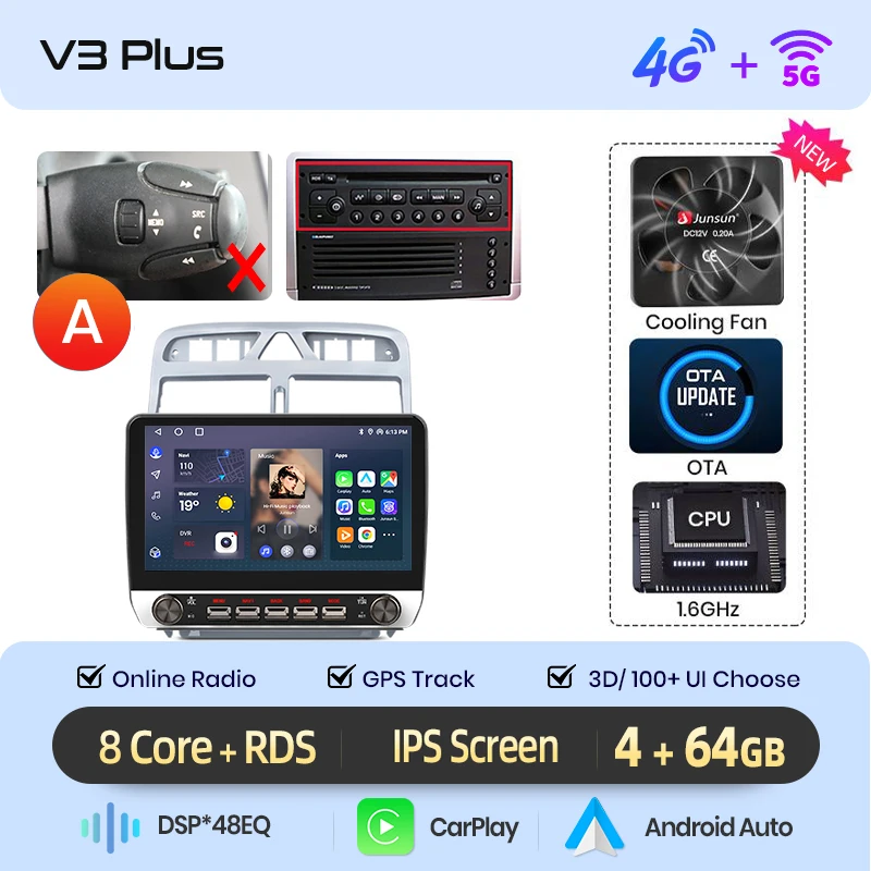 Junsun 10.1 "Draadloze Carplay AndroidAuto Autoradio voor Peugeot 307CC 307SW 2002-2013 radio met knoppen Bluetooth GPS 4G DSP