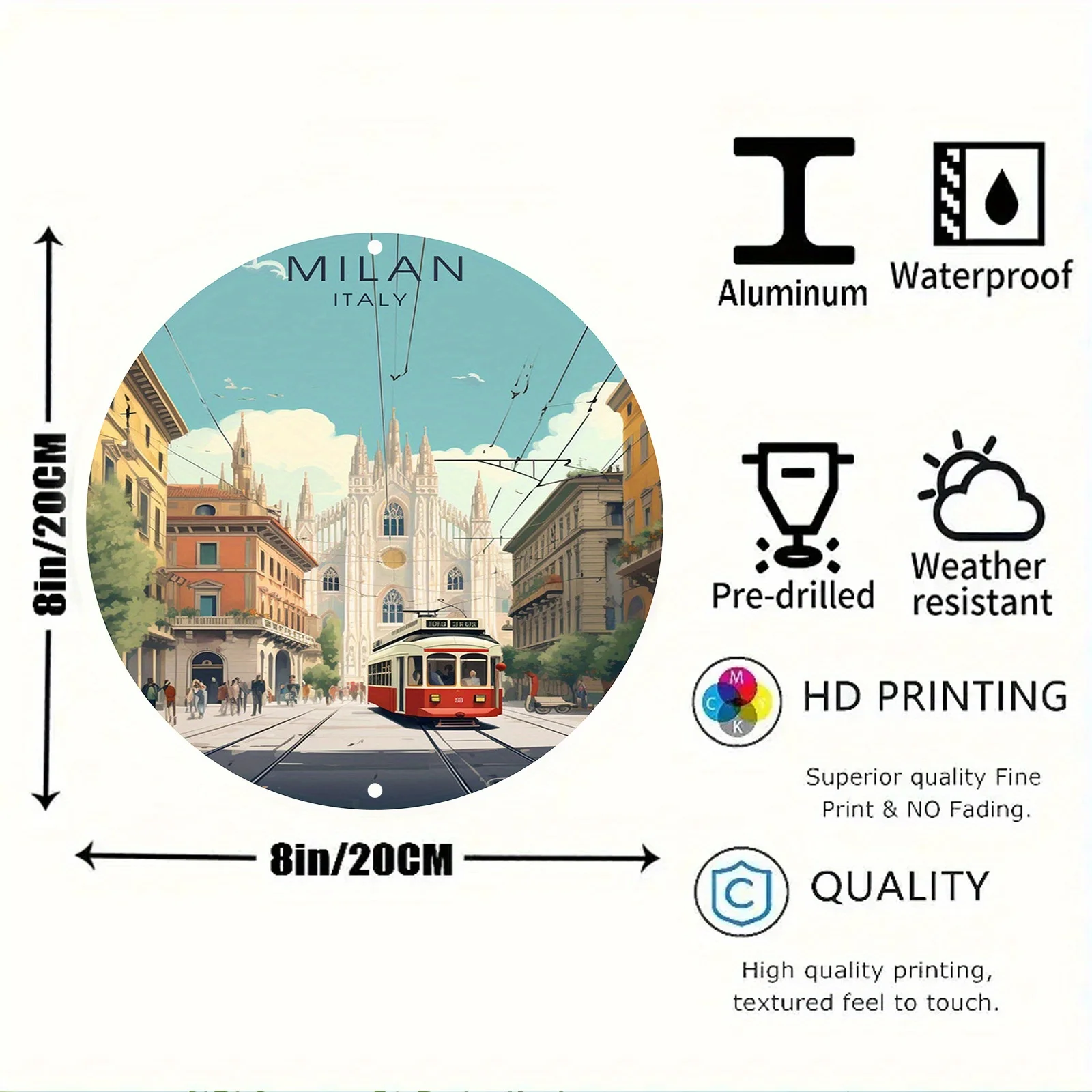 1pc Milan Italy Vintage Style Round Metal Wall Art - Durable Aluminum Circular Sign with HD Milan Cityscape Print - Weatherproof