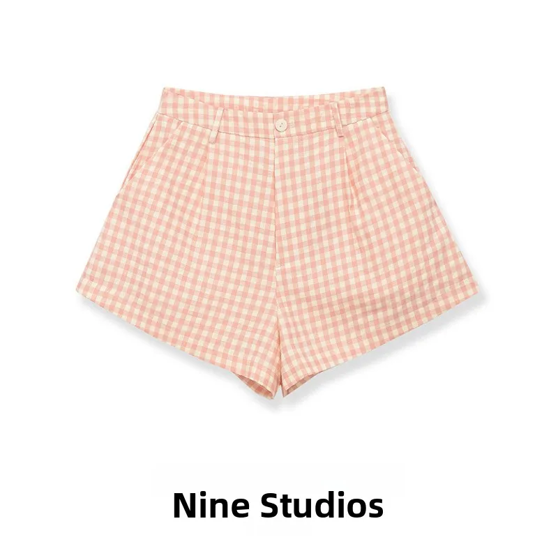 

Casual Plaid Pants Women's Spring Season Natural Waist Button Closure Polyester Fabric Ladies Fashion Short Pants