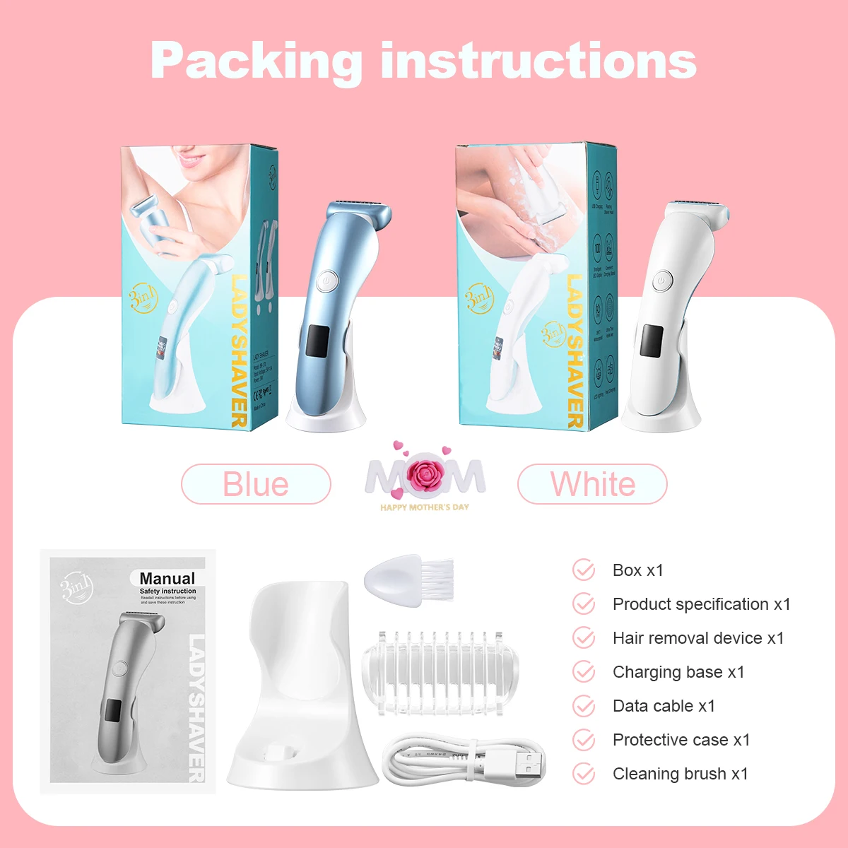 ماكينة حلاقة كهربائية للنساء 5 في 1 - إزالة رطبة وجافة للوجه والحواجب والساقين والإبطين - ماكينة تشذيب بيكيني محمولة، شحن USB قابلة لإعادة الشحن، شفرة من الفولاذ المقاوم للصدأ، صندوق هدايا لطيف وفعال، يتضمن عامل إزالة شعر البيكيني