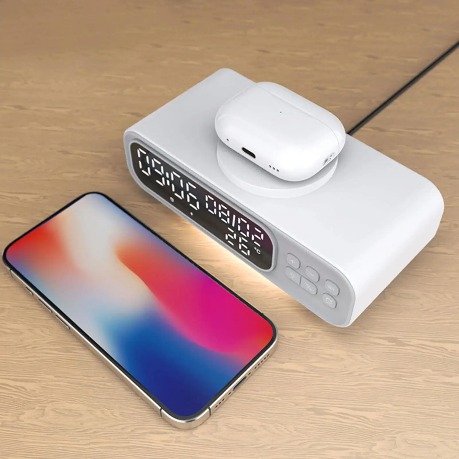 

Cordless Charger 15W 12/24H Fast Charging Alarm Clock for Phones Desk Watch