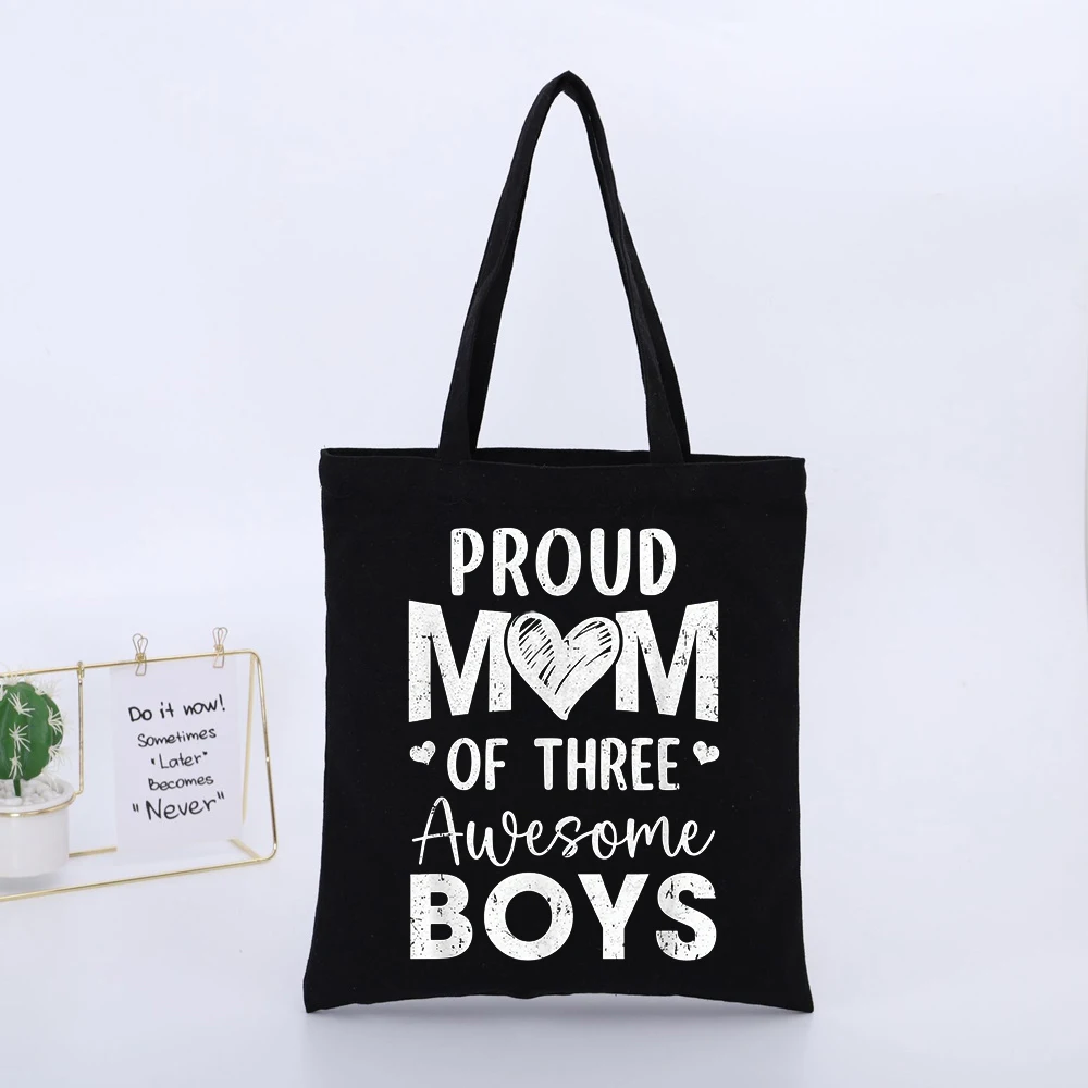 Mom's Slogan Style Black Canvas Tote Bag, Casual Design for Daily Shopping and Errands