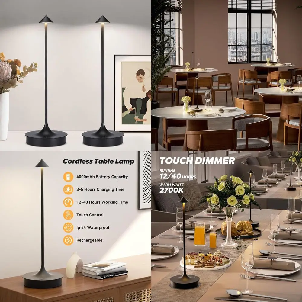 

Комплект из 2 перезаряжаемых светодиодных настольных ламп, аккумулятор 4000 мАч, регулируемое касание, портативное водонепроницаемое освещение для улицы, бар и Resta