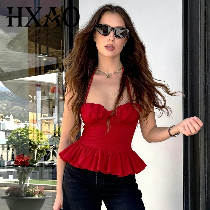 HXAO Women's Cropped Halter Top Summer Sleeveless Tops With Open Back Peplum Pleats Top With Ties Red Backless Going Out Top
