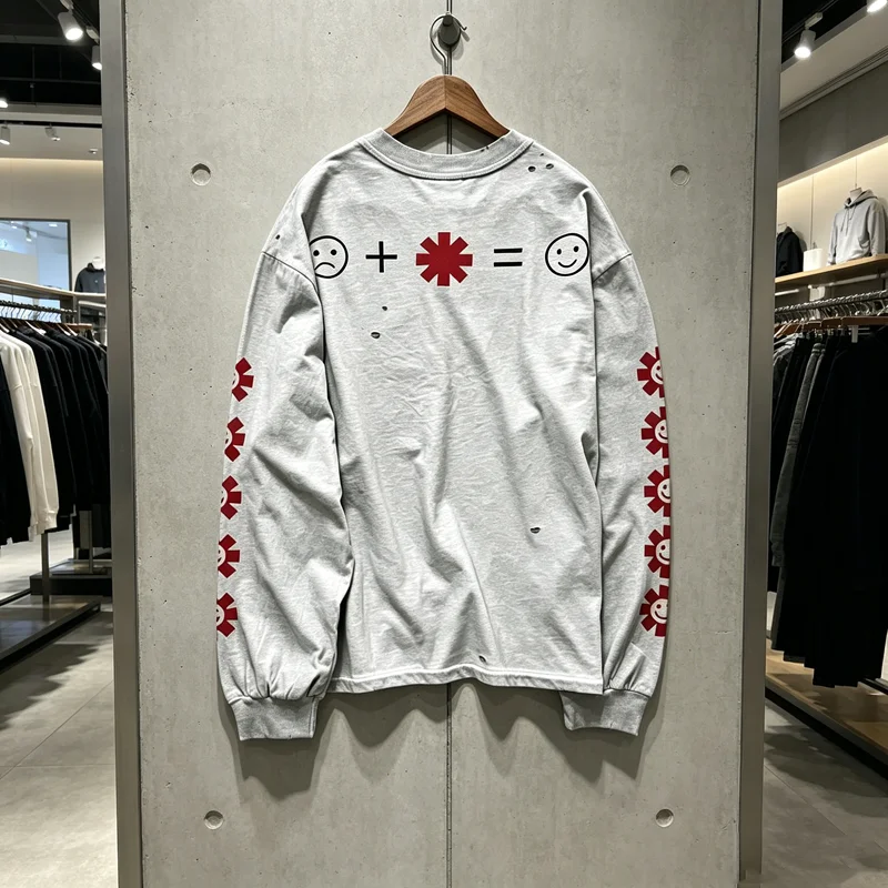 Stain Long Sleeve Hole Damaged Red Print SAINT T Shirt RHCP Clothes Tee Men Women Vintage Washed Distressed Loose T-shirt Tops