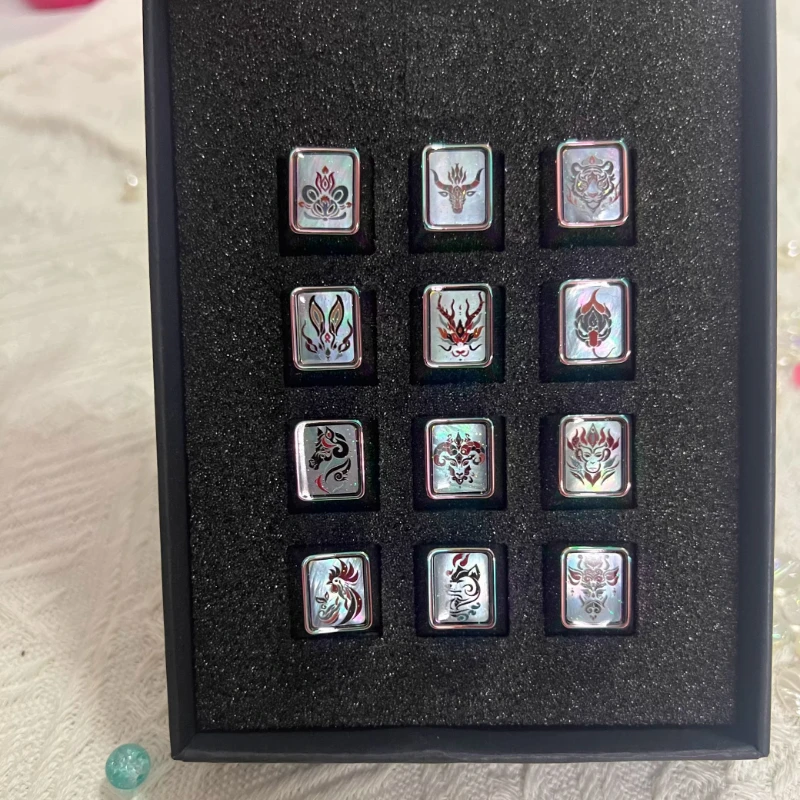 Chinese Zodiac-themed Keycaps Iridescent Zinc Alloy Custom Cherry 1U Keycaps for Mechanical Keyboard Perfect Gift for Friends