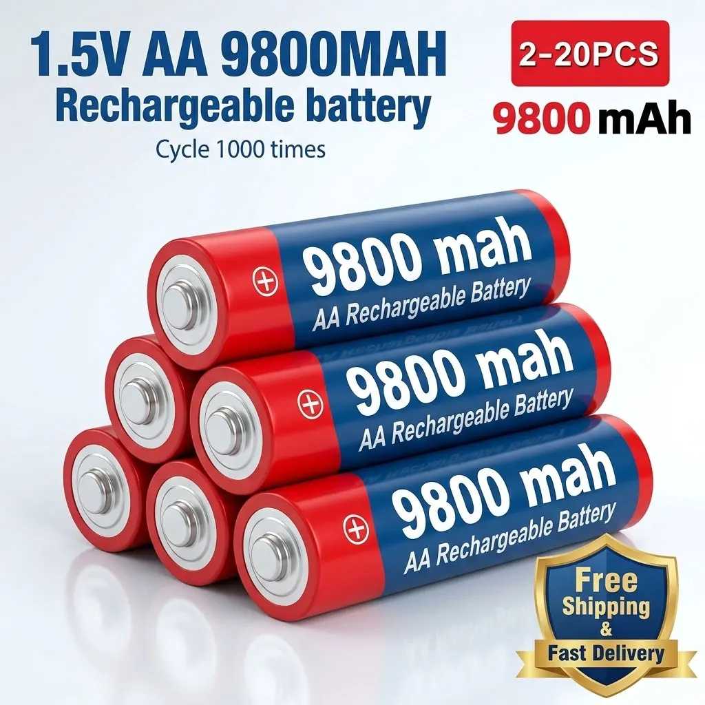 Premium 1.5V AA Alkaline Rechargeable Battery 9800mAh for Camera, Microphone, LED Light, Toy and Small Electronics