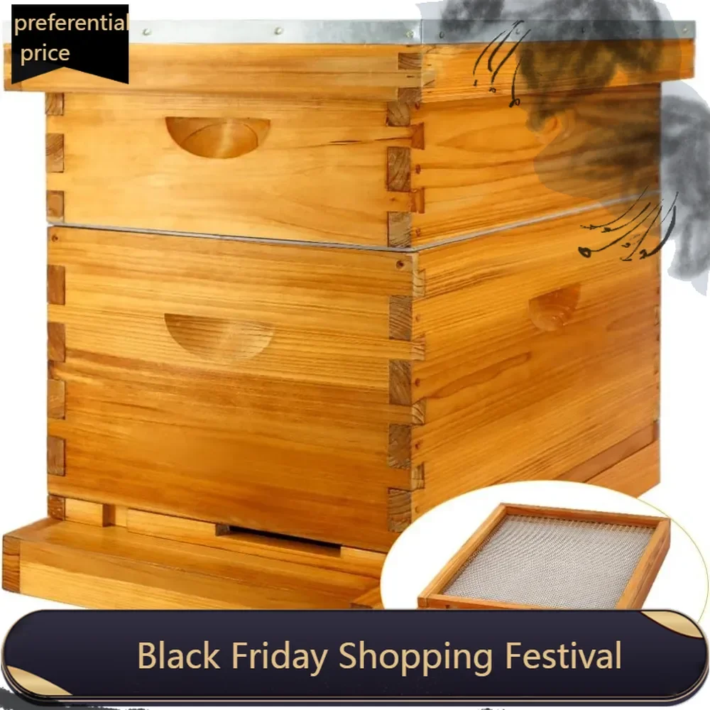 8 Frame Screened Bottom Board Beehive Dipped in 100% Beeswax, Bee Hives Kit Includes 1 Deep Boxes & 1 Medium Hive Box wit