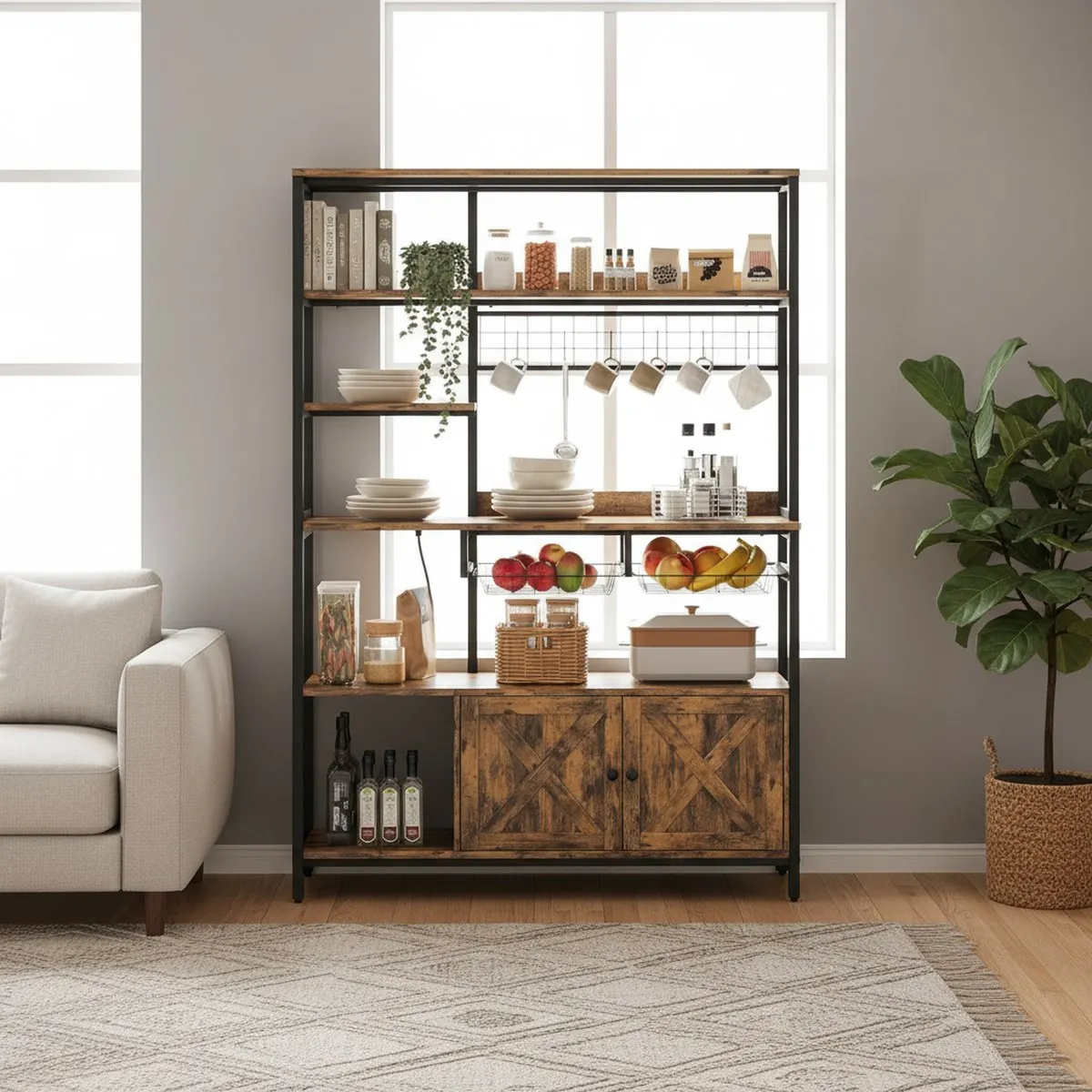 Tall Corner Baker s Rack 6 Tier Coffee Bar Cabinet Wood Metal Adjustable Shelves with Doors and Hooks