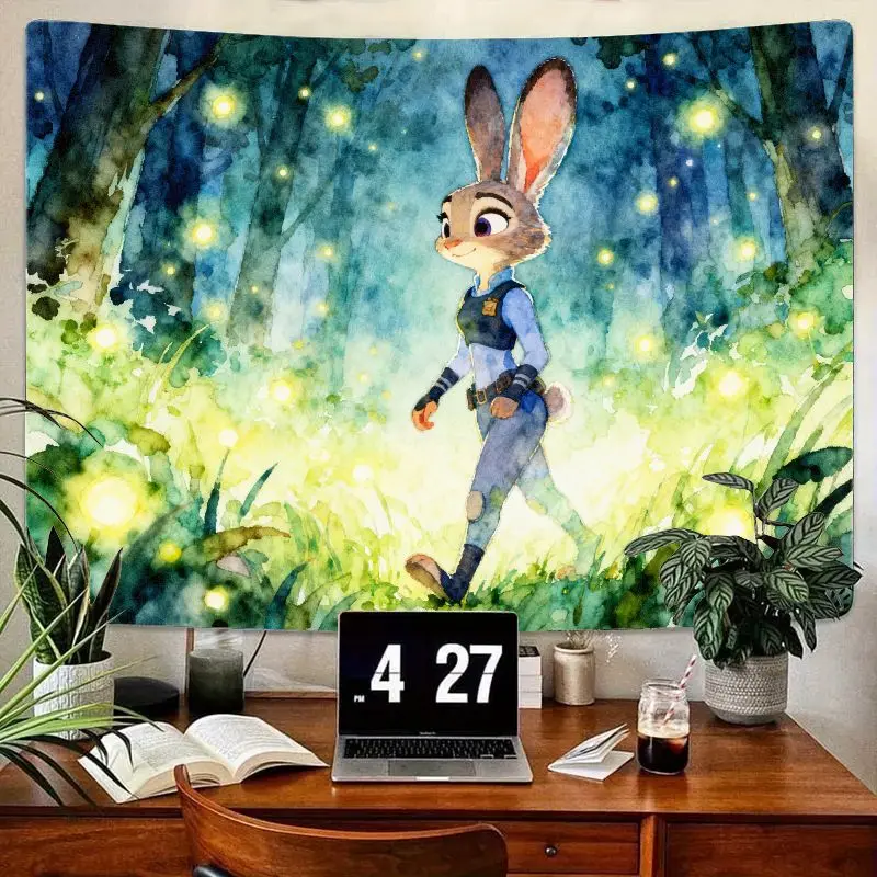 

1PC Zootopia Judy Hopps Tapestry, Magical Watercolor Forest Firefly Wall Art, Modern Polyester Bedroom Dorm Decor Gift for Fans