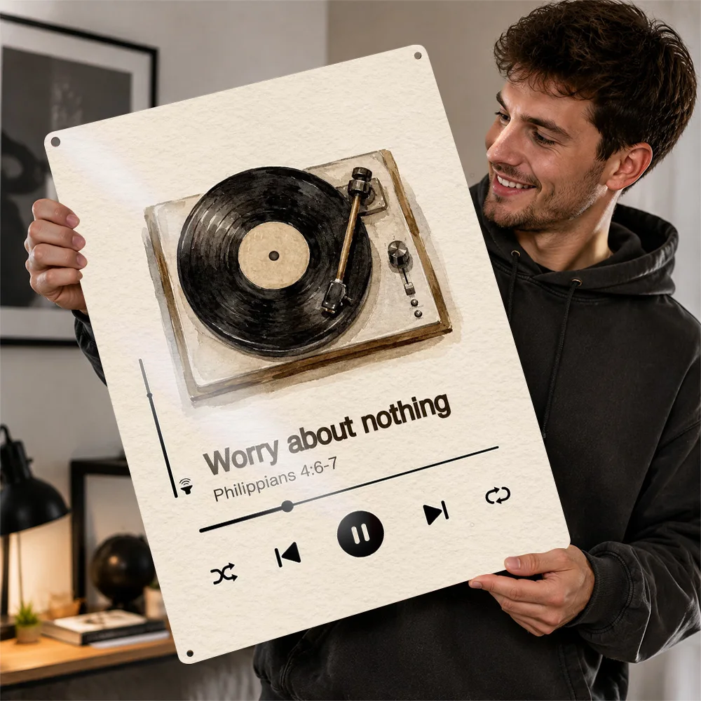 Worry About Nothing Record Player Printed Poster Retro Graphic Wall Art For Study Personalized Aluminum Metal Sign Birthday Gift
