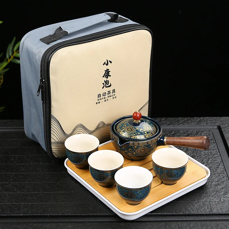 Chinese Porcelain  Gongfu Tea Set Portable Teapot Set with 360 Rotation Tea Maker and Infuser Portable All in One Gift Bag