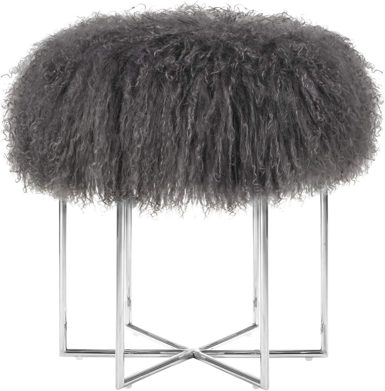 Real Sheepskin Mongolian Fur Ottoman with Silver Finish Stainless Steel Frame