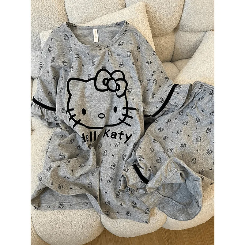 

Girl Kitty Cat Summer Short Sleeved Shorts Pajama Set Women's Casual Cartoon Home Clothes