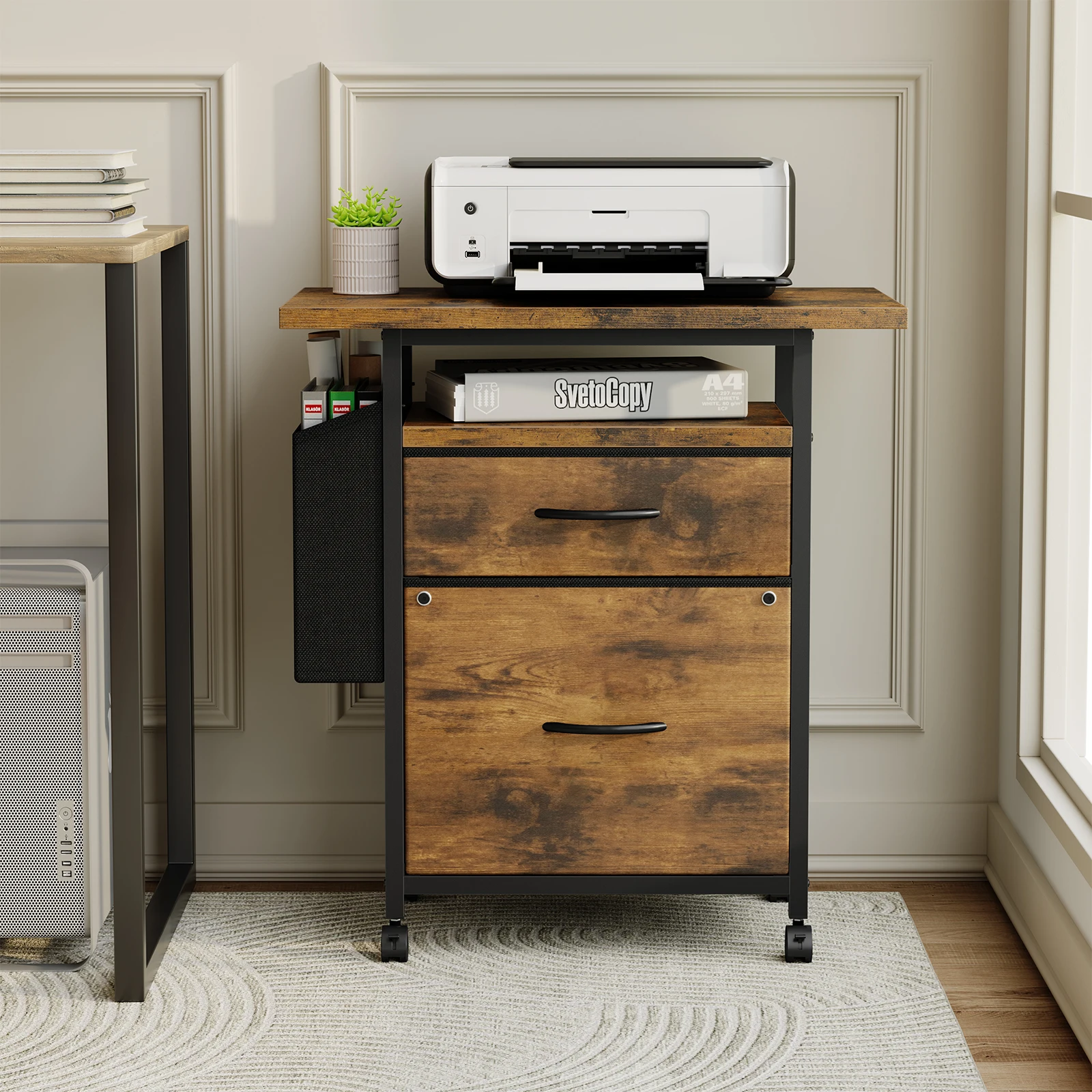 #￥JHK Mobile File Cabinet with 2Fabric Drawers Printer Stand with Open Shelf & Side Storage Bag Under