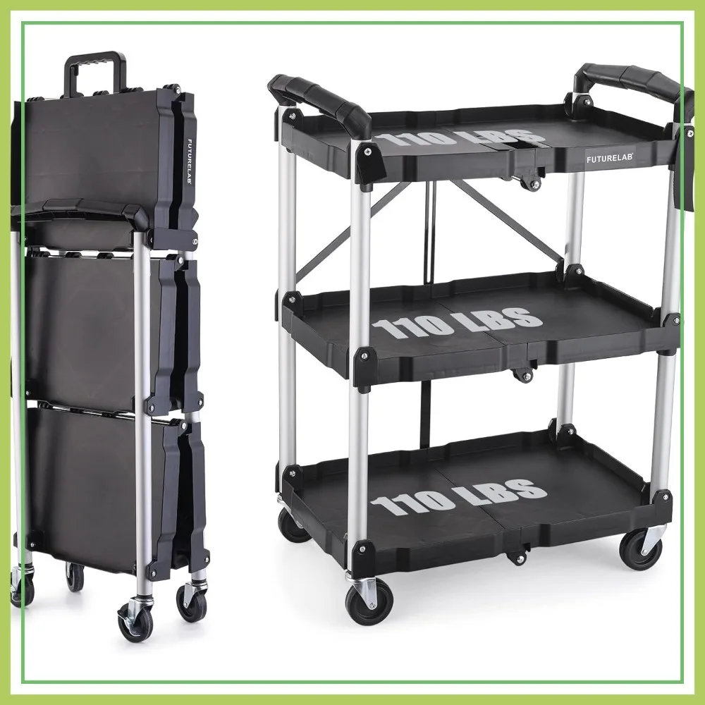 

Portable Folding Service Cart - 3 Tier 330LBS Capacity - Rolling Utility Cart with Wheels for Warehouse Home Workshops Garages Restaurants Offices
