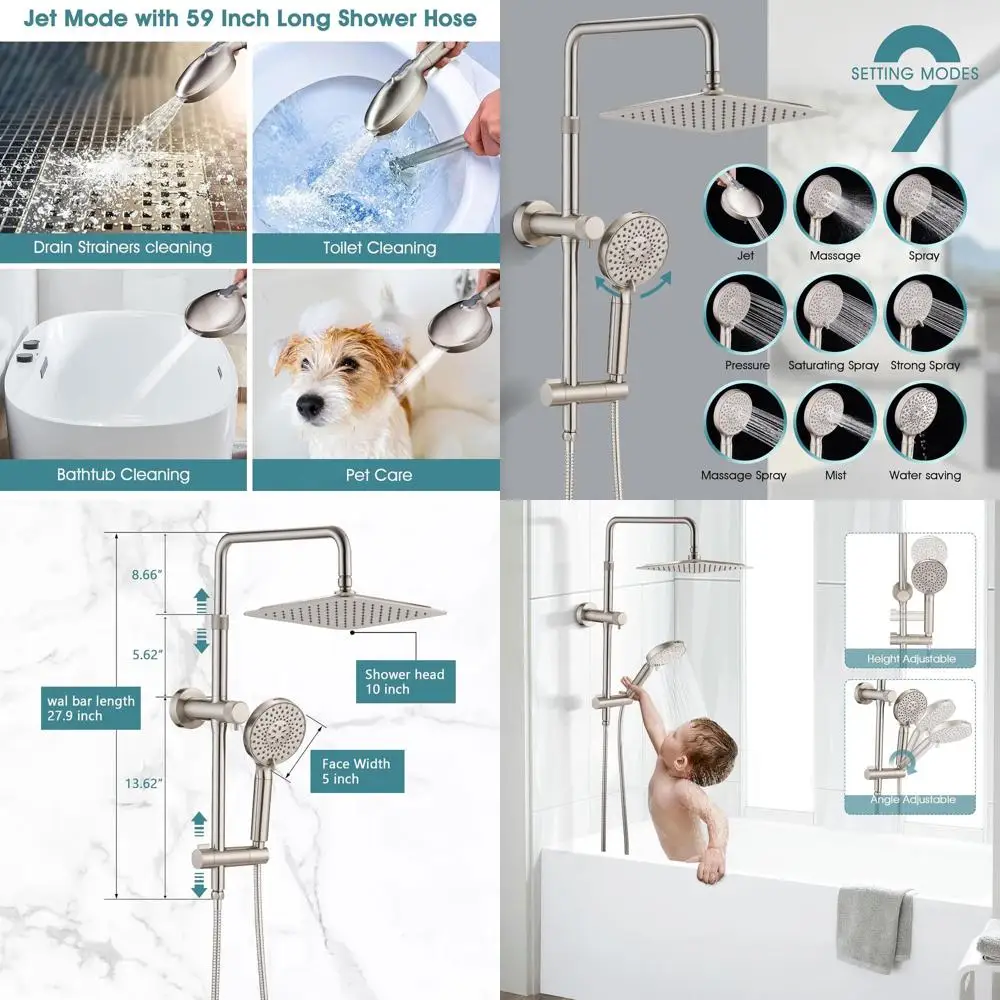 

Регулируемый душ высокого давления с 9 режимами, ручной лейкой, удлинительной трубкой и направляющей в матовом никели