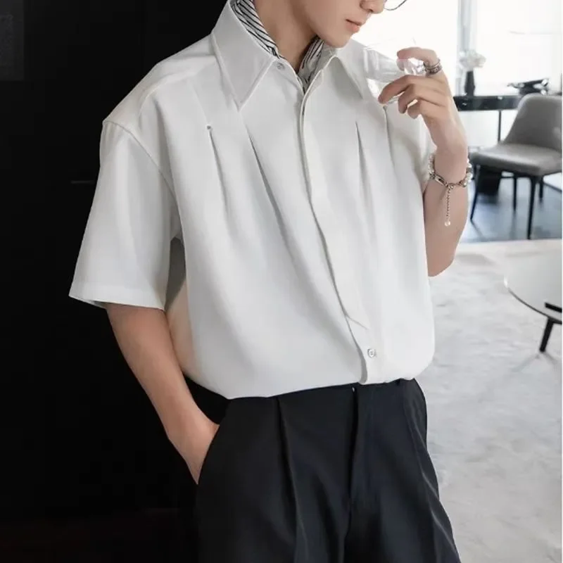 

Men White Oversized Shirt Turn Down Collar Short Sleeve Pleated Casual Blouse Top