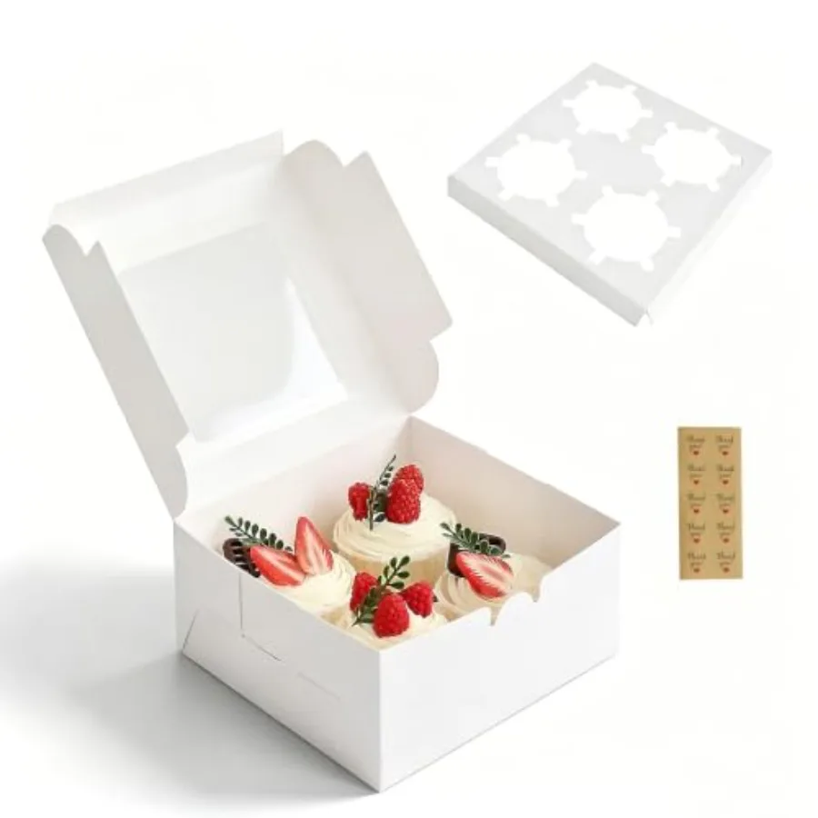 

8-Pack Cupcake Boxes with 4-Compartment Slots, Clear Window, Thickened Food-Grade Cardboard, Easy Assembly, for Small-Batch Bak