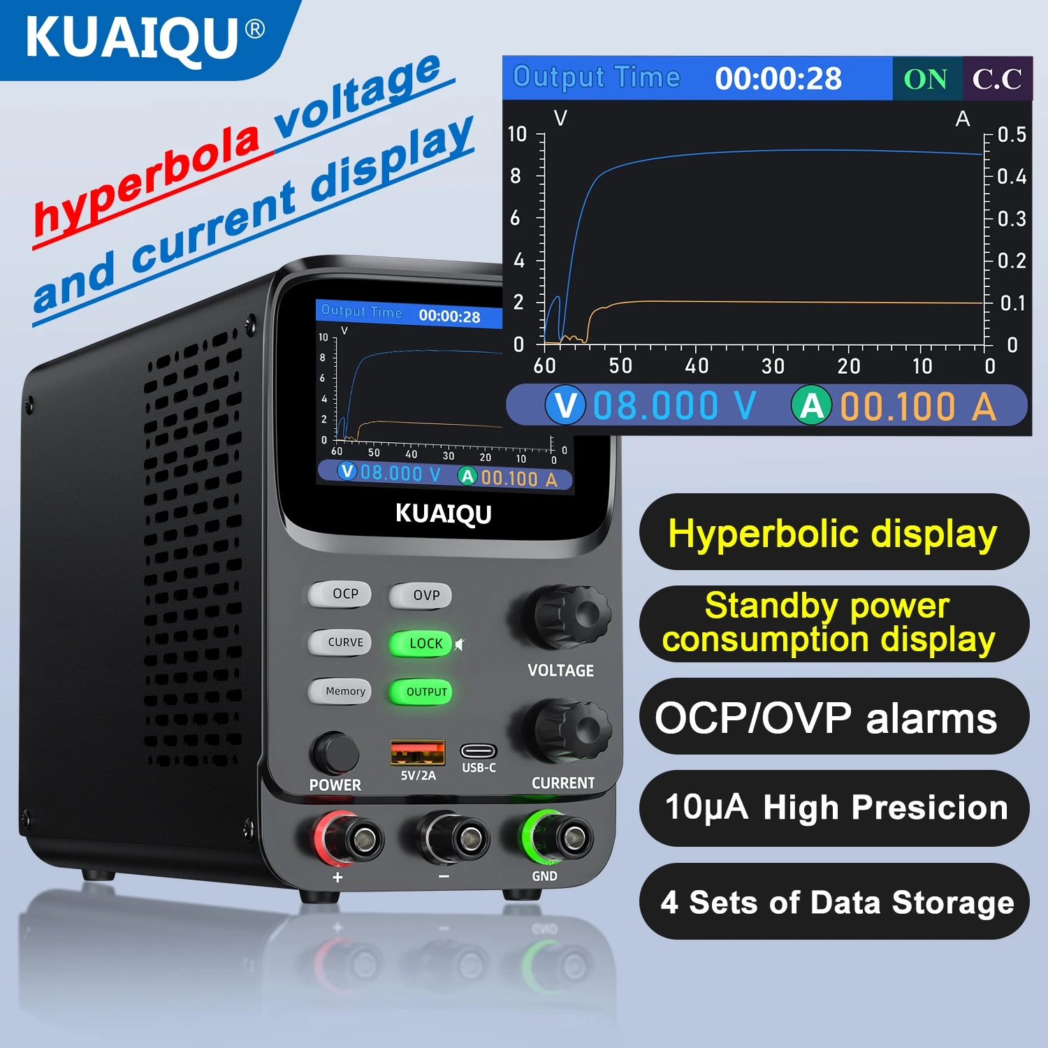 KUAIQU 2025 Lab DC Power Supply Adjustable 30V 10V 5A Power Source Current Voltage Hyperbolic Display OCP OVP USB High Precision