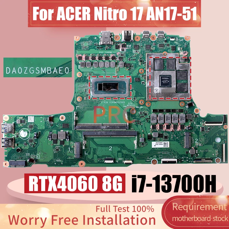 DA0ZGSMBAE0 For ACER Nitro 17 AN17-51 Laptop Motherboard SRMJ1 i7-13700H RTX4060 8G GN21-X4-A1 NBQK611002 Notebook Mainboard