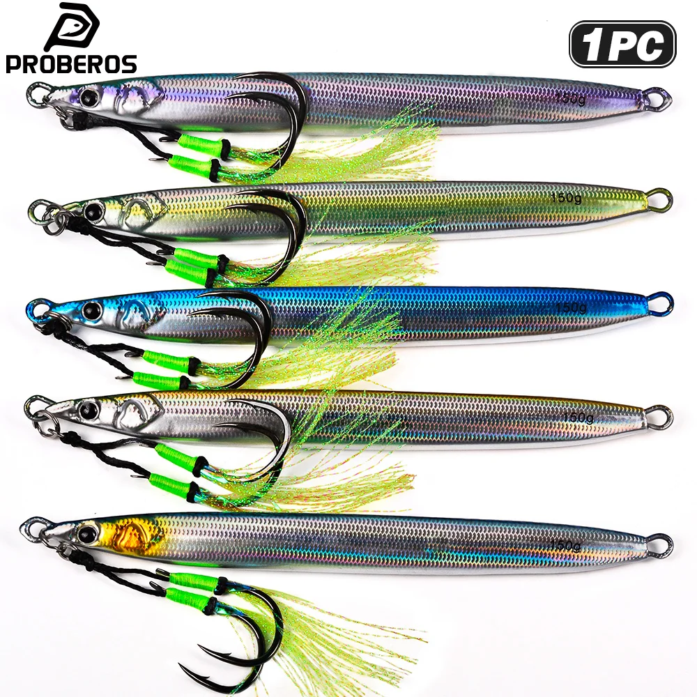 PROBEROS 1 Stück Langsam Sinkender Metall-Jig-Köder für Salzwasser-Jigging, Angelköder mit Doppelhaken, Künstlicher Köder für Thunfisch, Meeresangelzubehör