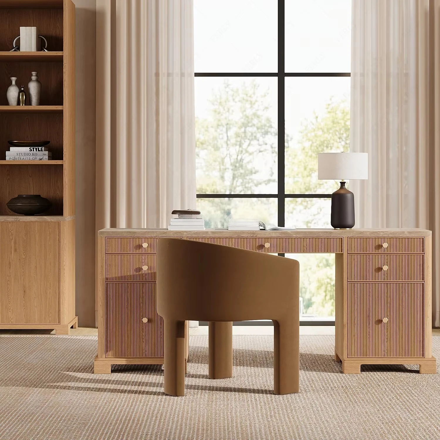 

Emperador Reeded Storage Desk Modern Home Office Desk with Drawers for Study Room