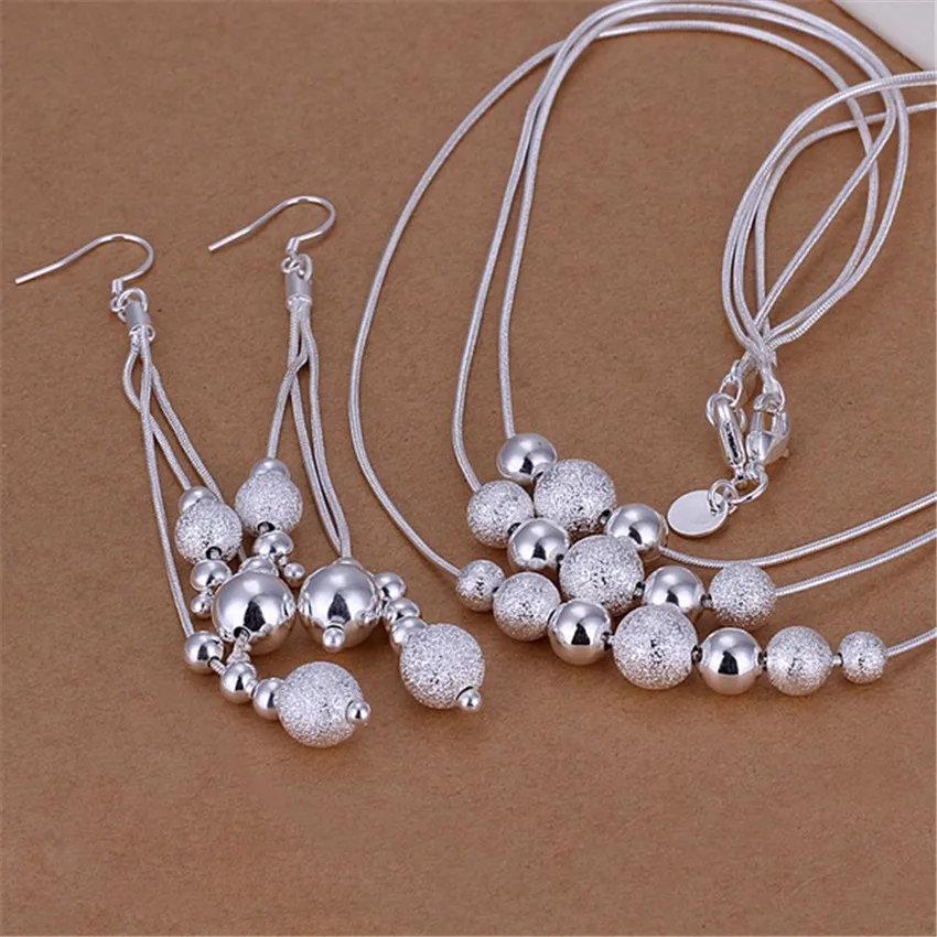 

European and American retro 925 sterling silver fashionable charm party jewelry women's three line bead necklace earring set