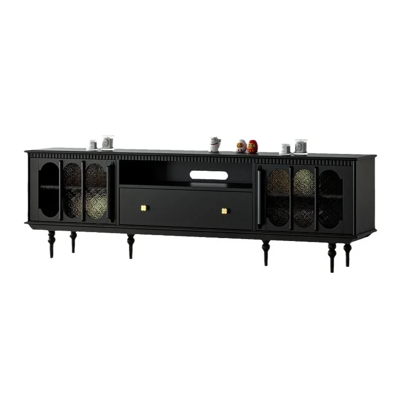 

French light luxury floor-to-ceiling TV cabinet black retro style living room high-end all-solid wood coffee table