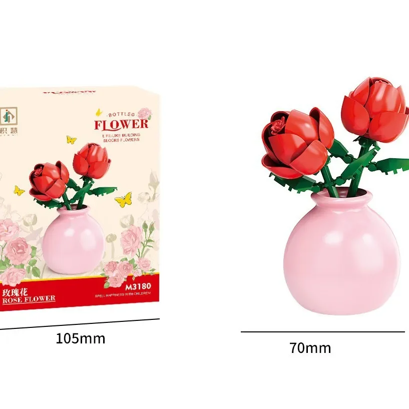 باقة نباتات جديدة لعام 2026 من الزهور والورود ومكعبات بناء الزنبق والألعاب مع أواني الزهور هدية زينة لطيفة