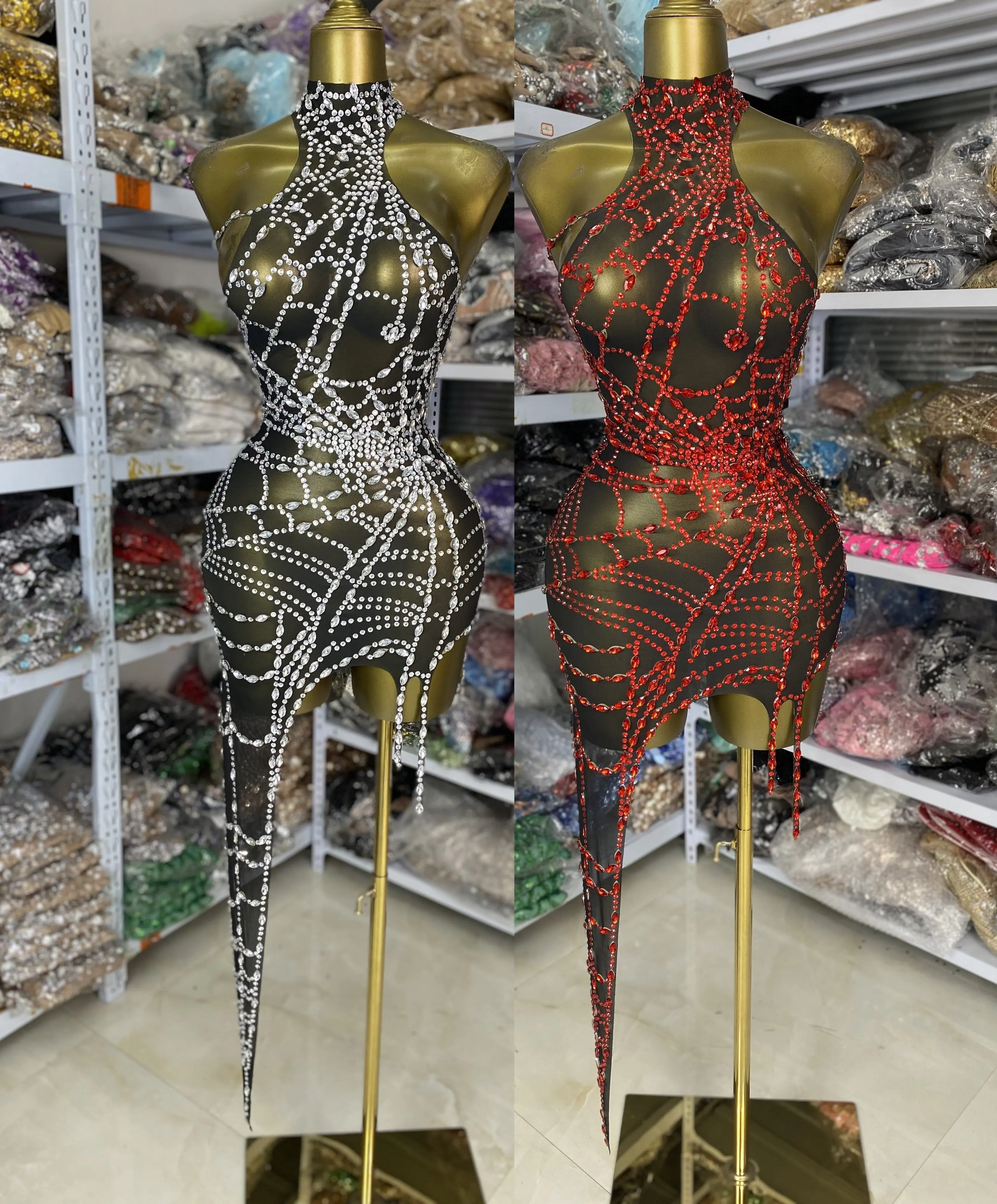 جديد مصمم الراين شبكة قطع غير المتماثلة Bodycon انظر من خلال فستان ملهى ليلي فستان سهرة K-pop أزياء الأداء