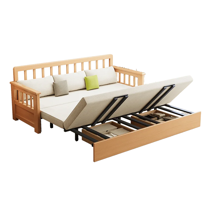 Solid wood sofa bed push-pull foldable sitting and sleeping bed multi-functional living room storage beech double sofa