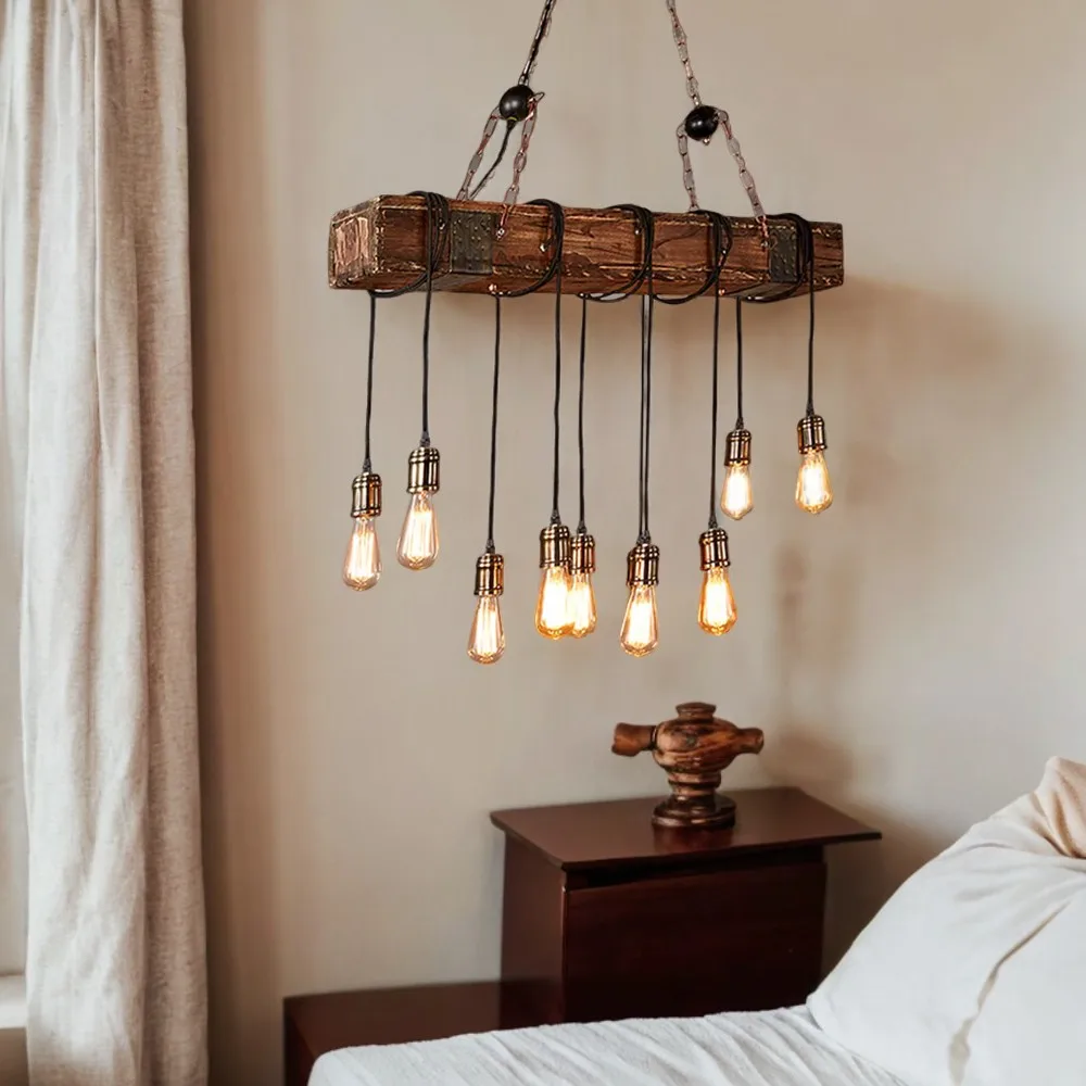 LOYALHEARTD 10-Lights Farmhouse Chandelier Wooden Retro Rustic Pendant Light Industrial Suspension Light Distressed Wood Lamp