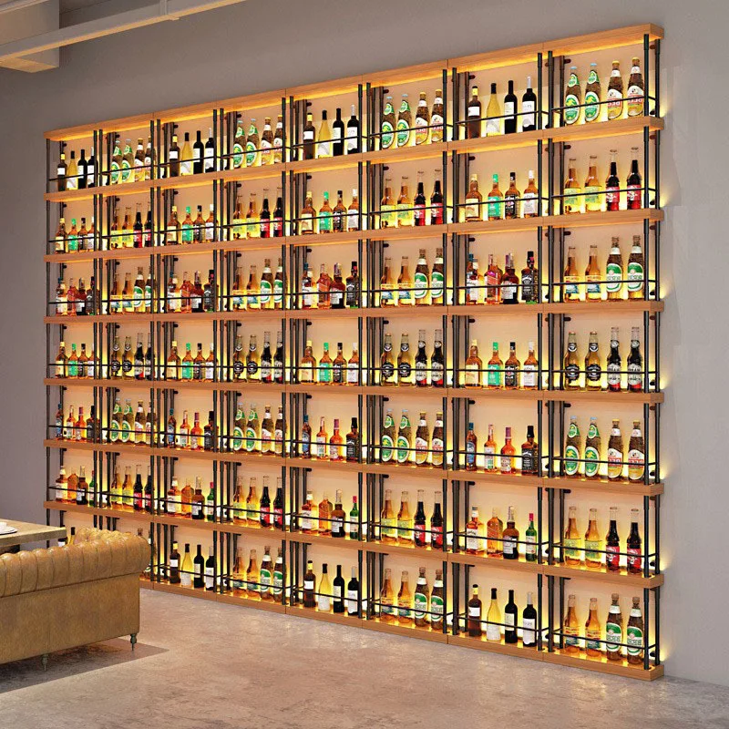 Wall mounted wine rack, forged iron partition, creative floor standing luminous wine cabinet